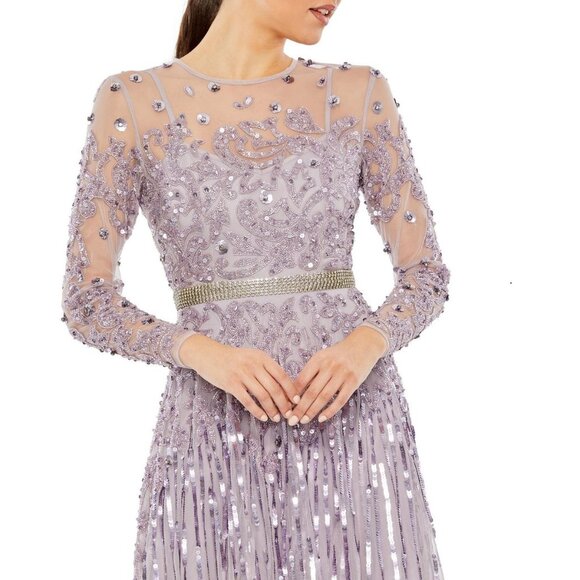 NWT Mac Duggal Illusion High Neck Long-Sleeve Tea Length Dress Lilac #9857 - Picture 2 of 8